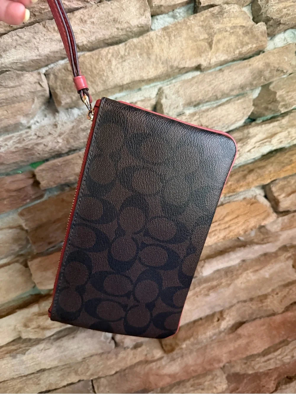 Coach Brown Larger Signature Wristlet Clutch Wallet Phone Bag with Burgundy Trim
